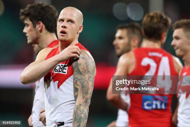 Zak Jones of the Swans looks dejected after defeat in the round seven AFL match between the Sydney Swans and the North Melbourne Kangaroos at Sydney...
