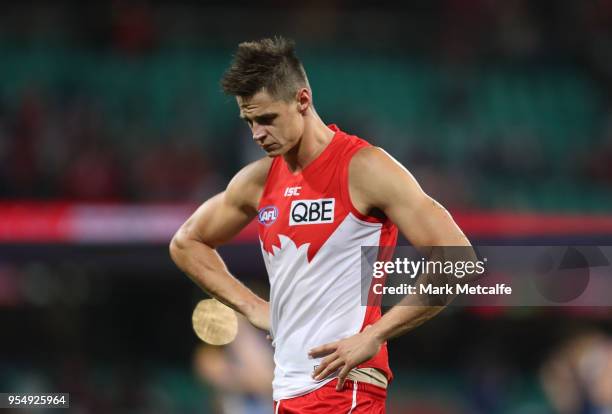 Callum Sinclair of the Swans looks dejected after defeat in the round seven AFL match between the Sydney Swans and the North Melbourne Kangaroos at...