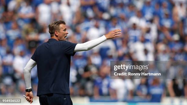 Head coach David Bergner of Chemnitzer FC reacts during the 3. Liga match between 1. FC Magdeburg and Chemnitzer FC at MDCC-Arena on May 5, 2018 in...