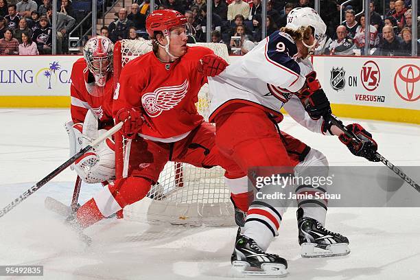 Forward Justin Abdelkader of the Detroit Red Wings skates against the Columbus Blue Jackets on December 28, 2009 at Nationwide Arena in Columbus,...