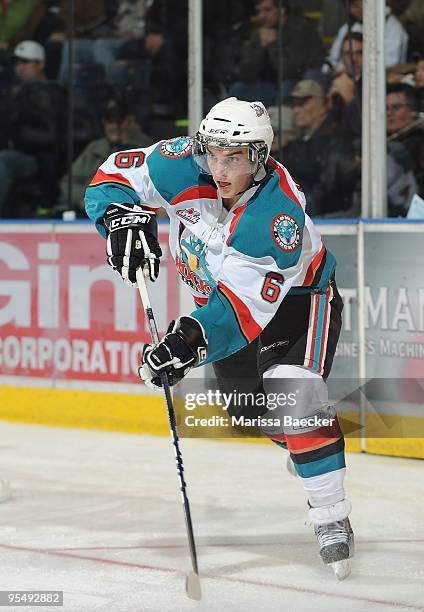 Colton Jobke of the Kelowna Rockets makes a pass against the Vancouver Giants at the Kelowna Rockets at Prospera Place on December 27, 2009 in...