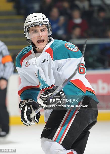 Colton Jobke of the Kelowna Rockets makes a pass against the Vancouver Giants at the Kelowna Rockets at Prospera Place on December 27, 2009 in...