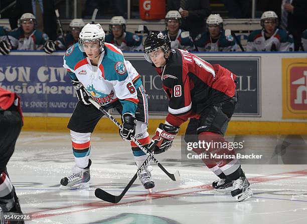 Colton Jobke of the Kelowna Rockets and Milan Kytnar of the Vancouver Giants face off at Prospera Place on December 27, 2009 in Kelowna, Canada.