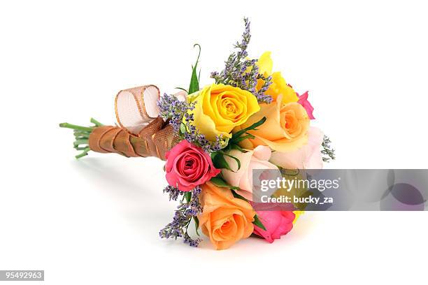 colorful bouquet or posy with stems wrapped in ribbon. - bouquet stockfoto's en -beelden