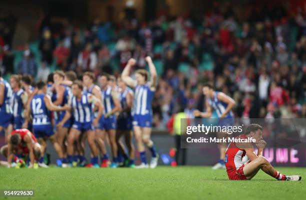 Will Hayward of the Swans looks dejected after defeat in the round seven AFL match between the Sydney Swans and the North Melbourne Kangaroos at...