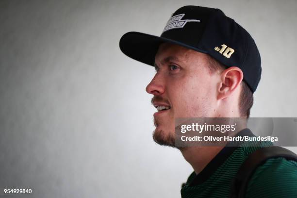 Max Kruse of Bremen arrievs prior to the Bundesliga match between SV Werder Bremen and Bayer 04 Leverkusen at Weserstadion on May 5, 2018 in Bremen,...