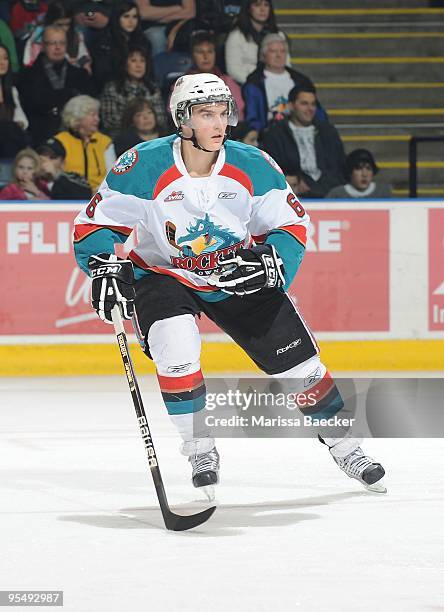 Colton Jobke of the Kelowna Rockets makes a pass against the Vancouver Giants at the Kelowna Rockets at Prospera Place on December 27, 2009 in...