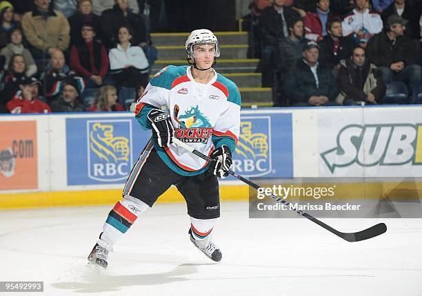 Colton Jobke of the Kelowna Rockets makes a pass against the Vancouver Giants at the Kelowna Rockets at Prospera Place on December 27, 2009 in...