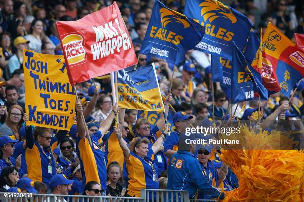 Eagles fans show their support during the round seven AFL match between the West Coast Eagles and the Port Adelaide Power at Optus Stadium on May 5,...