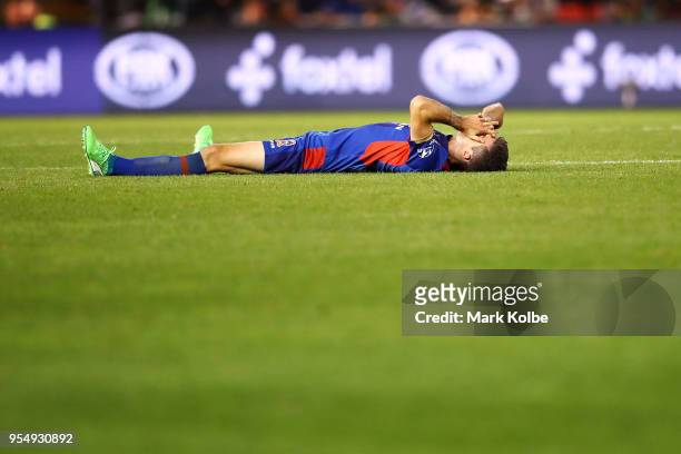 Jason Hoffman of the Jets looks dejected after defeat during the 2018 A-League Grand Final match between the Newcastle Jets and the Melbourne Victory...