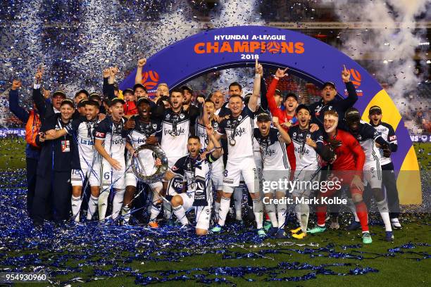 Melbourne Victory celebrate victory during the 2018 A-League Grand Final match between the Newcastle Jets and the Melbourne Victory at McDonald Jones...