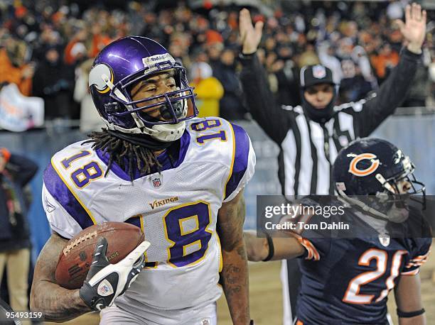 Sidney Rice of the Minnesota Vikings makes a fourth quarter touchdown catch to tie the game during an NFL Monday night game against the Chicago Bears...