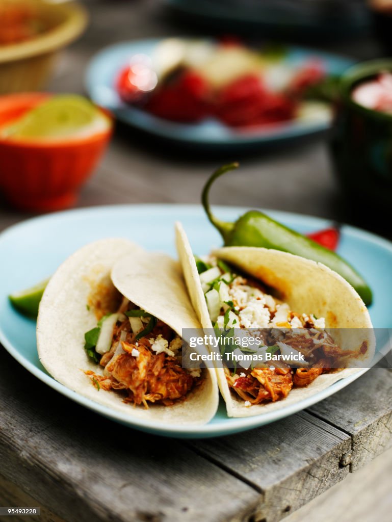 Plate of chicken and chocolate mole tacos