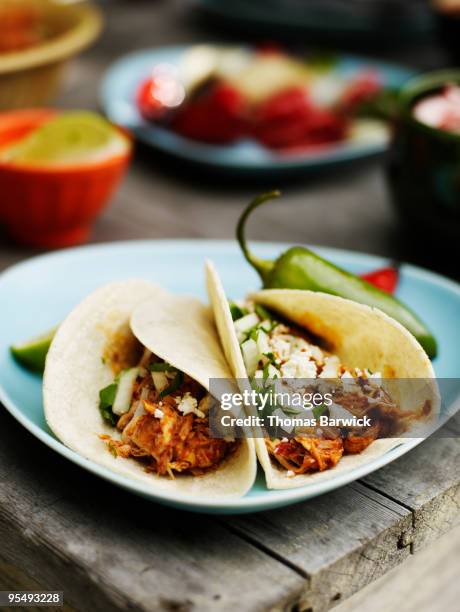 plate of chicken and chocolate mole tacos - taco stockfoto's en -beelden