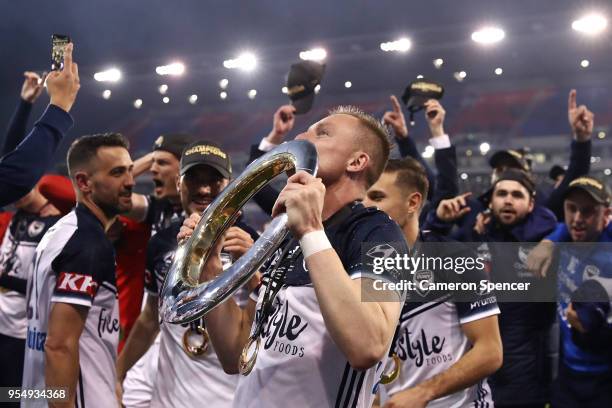 Besart Berisha of the Victory celebrates with team mates after winning the 2018 A-League Grand Final match between the Newcastle Jets and the...