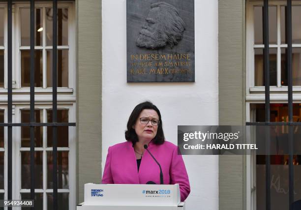 Andrea Nahles, leader of Germany's social democratic SPD party, gives a speech prior to the opening of a new exhibition at the birth house of German...