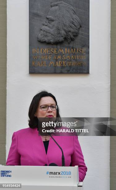 Andrea Nahles, leader of Germany's social democratic SPD party, gives a speech prior to the opening of a new exhibition at the birth house of German...