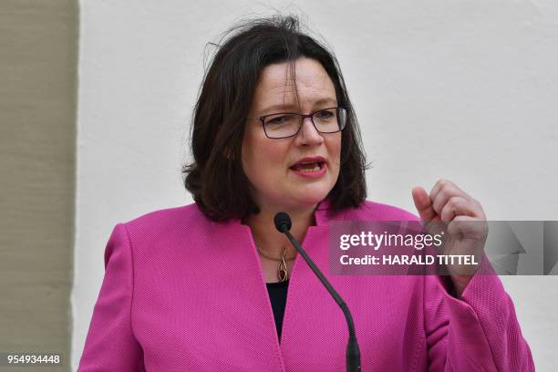 Andrea Nahles, leader of Germany's social democratic SPD party, gives a speech prior to the opening of a new exhibition at the birth house of German...