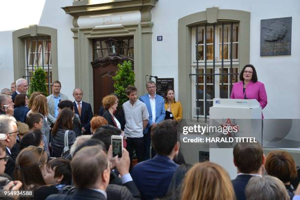 Andrea Nahles , leader of Germany's social democratic SPD party, gives a speech prior to the opening of a new exhibition at the birth house of German...