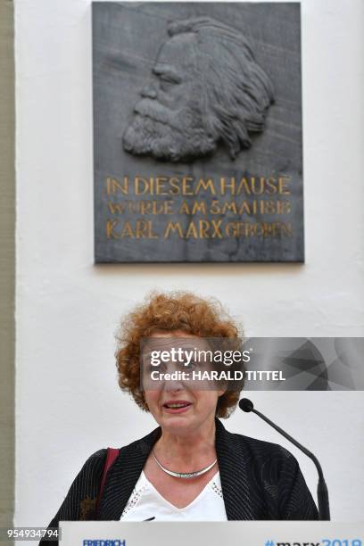 Frederique Longuet Marx, great-great-granddaughter of Karl Marx, gives a speech prior to the opening of a new exhibition at the birth house of German...