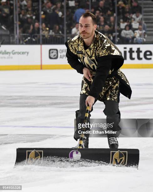 Member of the Knights Crew cleans the ice during Game Five of the Western Conference Second Round between the San Jose Sharks and the Vegas Golden...