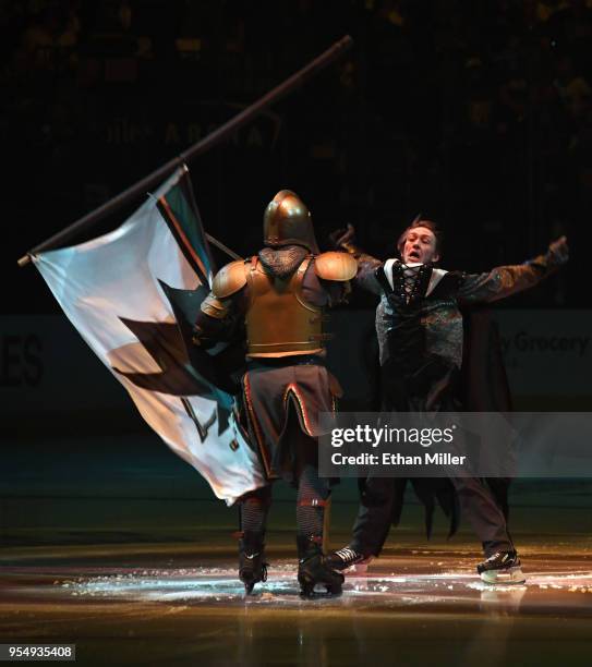 The Golden Knight performs during a pregame program before Game Five of the Western Conference Second Round between the San Jose Sharks and the Vegas...