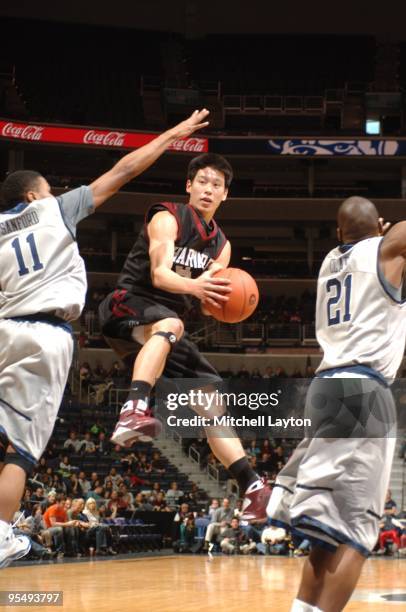 Jeremey Lin of the Harvard Crimson drives to the basket during a college basketball game against the Georgetown Hoyas on December 23, 2009 at Verizon...
