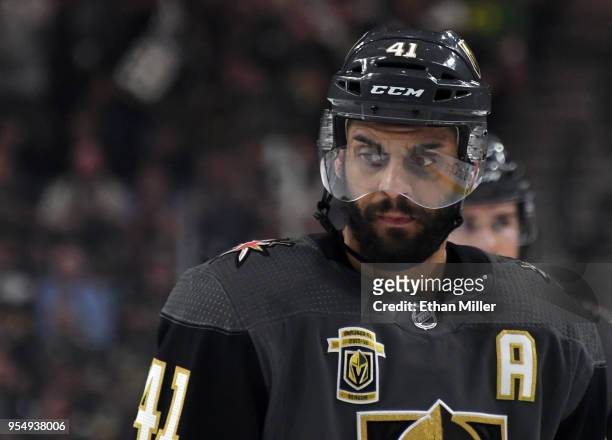 Pierre-Edouard Bellemare of the Vegas Golden Knights takes a break during a stop in play in the first period of Game Five of the Western Conference...