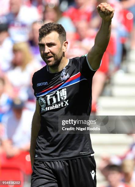 James McArthur of Crystal Palace celebrates scoring his side's first goal during the Premier League match between Stoke City and Crystal Palace at...