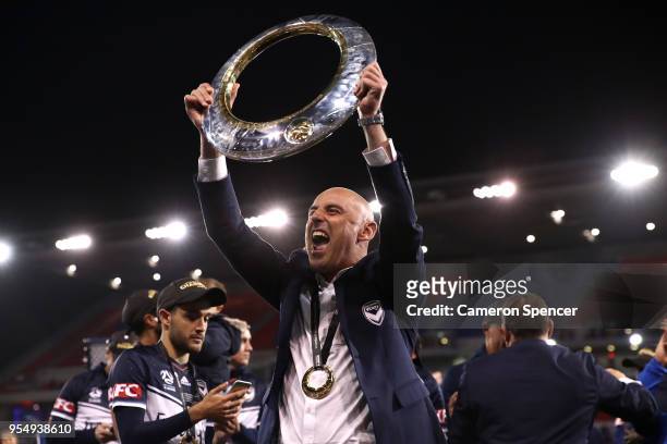 Victory coach, Kevin Muscat celebrates winning the 2018 A-League Grand Final match between the Newcastle Jets and the Melbourne Victory at McDonald...