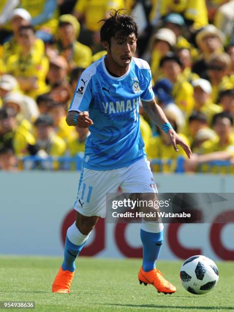 Takuya Matsuura of Jubilo Iwata in action during the J.League J1 match between Kashiwa Reysol and Jubilo Iwata at Sankyo Frontier Kashiwa Stadium on...