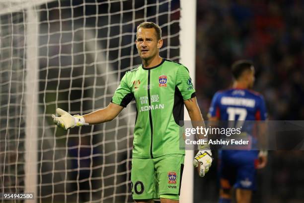 Glen Moss of the Jets reacts during the 2018 A-League Grand Final match between the Newcastle Jets and the Melbourne Victory at McDonald Jones...