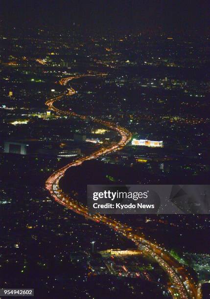 Photo taken from a Kyodo News helicopter on May 5, 2018 shows traffic congestion on the Tokyo-bound lane of the Tomei Expressway in Ebina, Kanagawa...