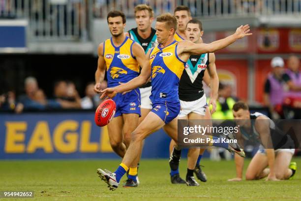 Mark LeCras of the Eagles kicks the ball into the forward line during the round seven AFL match between the West Coast Eagles and the Port Adelaide...