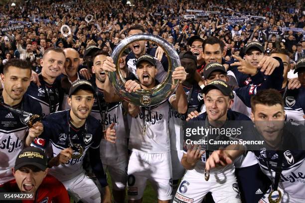 James Troisi of the Victory and team mates celebrate winning the 2018 A-League Grand Final match between the Newcastle Jets and the Melbourne Victory...