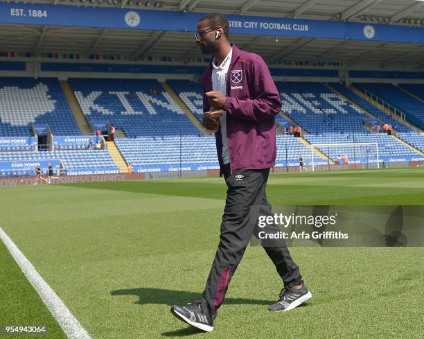 Pedro Obiang of West Ham United inspects the pitch prior to the Premier League match between Leicester City and West Ham United at The King Power...