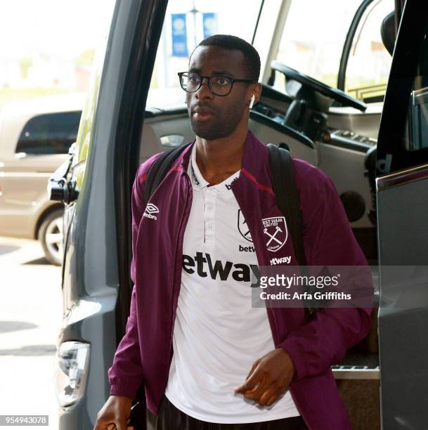 Pedro Obiang of West Ham United arriving prior to the Premier League match between Leicester City and West Ham United at The King Power Stadium on...