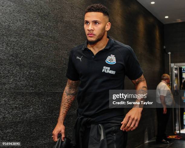 Jamaal Lascelles of Newcastle United arrives for the Premier League Match between Watford and Newcastle United at Vicarage Road on May 5 in Watford,...