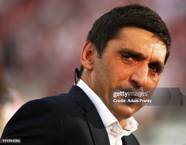 Tayfun Korkut head coach of VfB Stuttgart arrives for the Bundesliga match between VfB Stuttgart and TSG 1899 Hoffenheim at Mercedes-Benz Arena on...