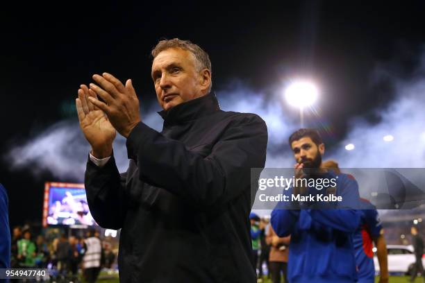 Jets coach Ernie Merrick applauds the crowd as he leave the field after the 2018 A-League Grand Final match between the Newcastle Jets and the...