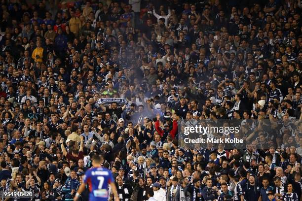 Victory fans cheer during the 2018 A-League Grand Final match between the Newcastle Jets and the Melbourne Victory at McDonald Jones Stadium on May...