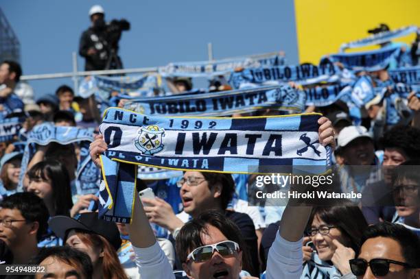Fans of Jubilo Iwata cheer prior to the J.League J1 match between Kashiwa Reysol and Jubilo Iwata at Sankyo Frontier Kashiwa Stadium on May 5, 2018...
