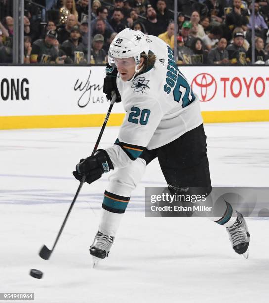 Marcus Sorensen of the San Jose Sharks takes a shot against the Vegas Golden Knights in the third period of Game Five of the Western Conference...