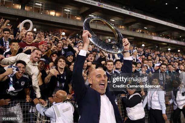 Victory coach Kevin Muscat celebrates winning the 2018 A-League Grand Final match between the Newcastle Jets and the Melbourne Victory at McDonald...