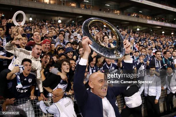 Victory coach Kevin Muscat celebrates winning the 2018 A-League Grand Final match between the Newcastle Jets and the Melbourne Victory at McDonald...