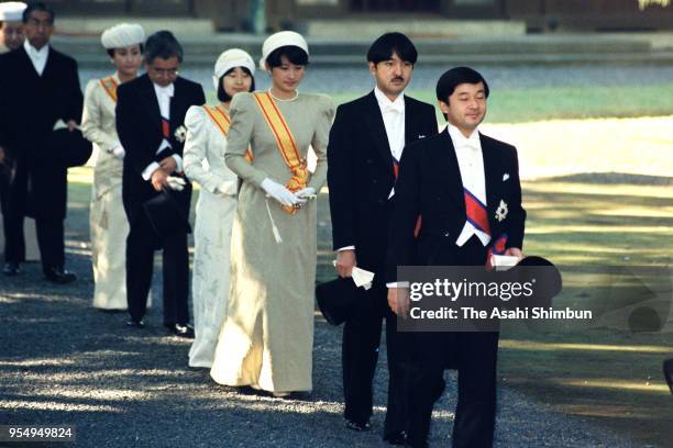 Crown Prince Naruhito, Prince Akishino, Princess Kiko of Akishino, Princess Sayako, Prince Hitachi, Princess Hanako of Hitachi and Prince Mikasa walk...