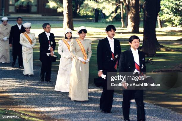 Crown Prince Naruhito, Prince Akishino, Princess Kiko of Akishino, Princess Sayako, Prince Hitachi, Princess Hanako of Hitachi and Prince Mikasa walk...