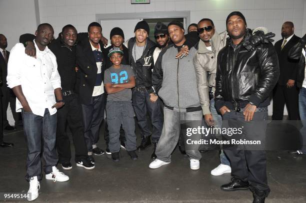 Bo, Akon, Chris Tucker, Destin Tucker, Usher, Chris Brown, Polow Da Don, Tubby, Devyne Stephens and Young Jeezy attend the Cleveland Cavaliers vs....