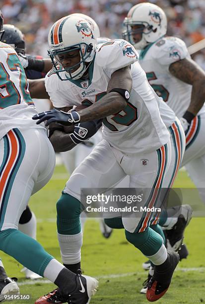 Ted Ginn, Jr. #19 of the Miami Dolphins carries the ball during a NFL game against the Houston Texans at Land Shark Stadium on December 27, 2009 in...