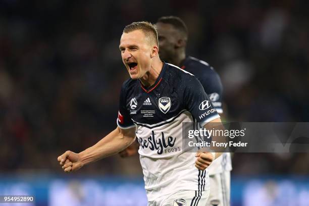 Besart Berisha of the Victory celebrates the win over the Jets during the 2018 A-League Grand Final match between the Newcastle Jets and the...